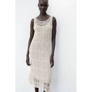 Cream Ivory Zara Crochet Open-Knit Scoop Neck Lined Sleeveless Midi Dress (NWT)